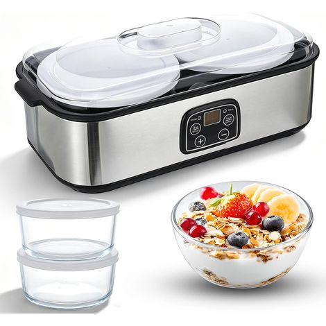 Yaourtière automatique 2 l, yaourtière électrique avec température et minuterie réglables, affichage LED avec 2 récipients en verre pour yaourt bio, fromage, natto, vin de riz