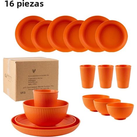 (Orange) Ensemble de couverts portables de style campagnard de 16 pièces, comprenant un couteau, une fourchette et une cuillère, fabriqué en plastique écologique. (1/5)