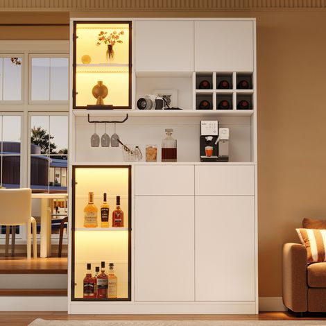 Modernluxe - Vitrine haute 120x33x200 cm - 6 portes et 2 tiroirs - Éclairage LED et étagères ouvertes - MDF et verre trempé - Blanc (1/5)