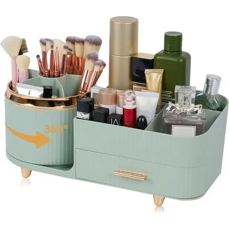 Organisateur de maquillage de comptoir avec tiroir, porte-pinceaux rotatif à 360°, grand espace de rangement pour soins de la peau et cosmétiques, idéal pour coiffeuse, salle de bain ou bureau, vert. (1/3)