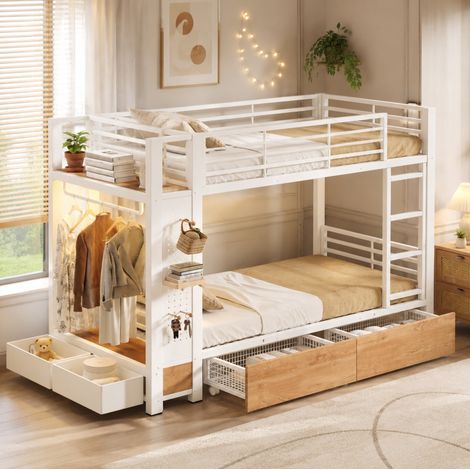 Letto a castello 231.5x95.5x166 cm con 4 cassetti, LED e appendiabiti, MDF e metallo, bianco (1/5)