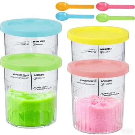 4 Pièces Pot pour Ninja Creamy Deluxe,Récipients À Crème Glacée pour Ninja Creami Deluxe NC501/NC500 Series,Machine à glace creami accessoires pour Ninja avec cuillère et couvercle (1/5)