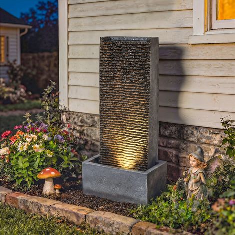 Fontaine jardin à deux étages pompe à éclairage LED en granit - Dimensions: 37,5x22x80 cm
