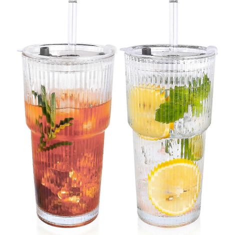 Lot de 2 gobelets en verre côtelé de 590 ml avec couvercles et pailles, réutilisables pour boissons chaudes et froides (réf. : 5940) (1/5)