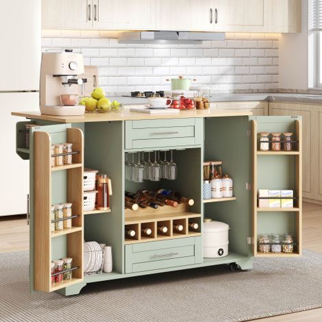 Carrello da cucina con piano di lavoro ribaltabile, isola cucina su ruote con portabottiglie, portabicchieri, porta spezie e portasciugamani, 120x45/70x92cm, verde – Carrello di servizio multifunziona (1/5)