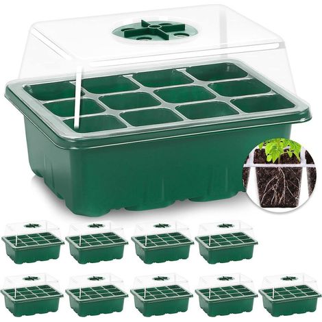 Zaailingpotjes - 10 Pièces - 12 Compartiments - Avec Trous de Drainage et Couvercle Transparent - Pour Semis Intérieurs et Plantes Jeunes (1/5)