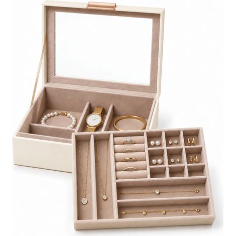 Schmuckkästchen Blanche Schmuckbox mit Glasdeckel & Schubladen Cremeweiß 2 Ebenen (1/5)