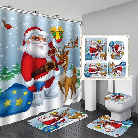 Ensemble de quatre rideaux de douche en polyester imprimés numériquement avec le Père Noël, décoration de Noël pour la maison (1/5)