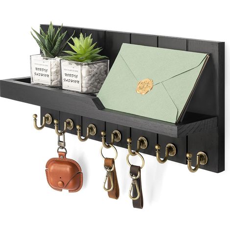 Support mural décoratif pour clés et courrier – Étagère flottante de 38,1 cm avec 7 crochets robustes pour décoration murale de maison, entrée, porte-clés rustique (noir) (1/5)