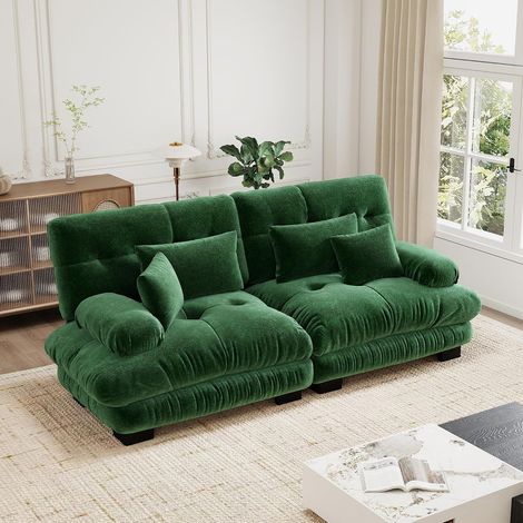 Canapé d'angle modulable luxueux - Canapé nuage surdimensionné en forme de L pour salon, canapé-lit profond avec pouf, velours côtelé, chenille verte (1/5)