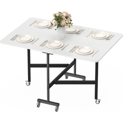 Table pliante pour 4 à 6 personnes avec 2 rabats et roulettes avec freins, 120 x 80 x 73 cm, bois blanc