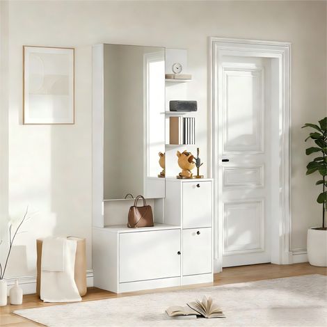 Meuble d’entrée 85x40x180 cm blanc, armoire de rangement avec miroir, meuble à chaussures basculant, 2 portes et 5 étagères