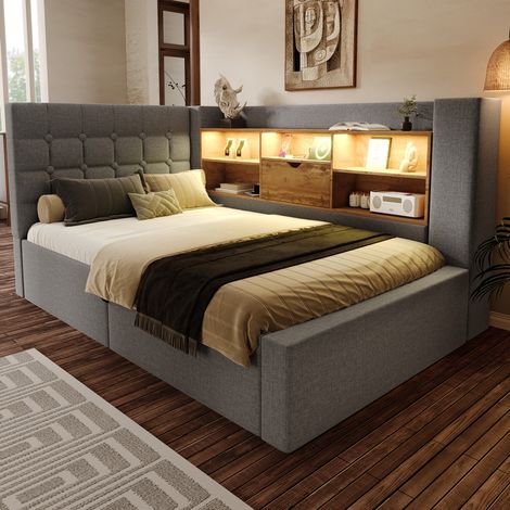 letto contenitore 90x200 LED USB grigio salvaspazio HAVRYA (1/5)
