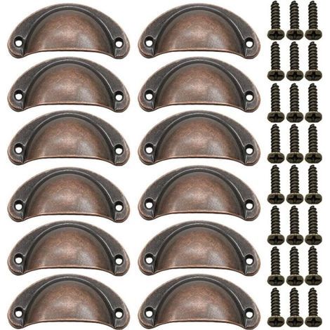 12 Pièces Poignée de Porte Coquille, Rétro Poignées de Porte, Poignées de Meubles Traditionnelles en Demi Lune Avec Vis, pour Tiroir, Armoire, Commode (Bronze Rouge) (1/5)