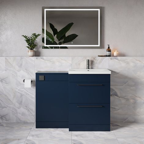 Napoli 390 Deep Blue 1100mm 2 Drawer Vanity Unit Toilet Suite with Glide Basin - 1100mm - Gunmetal Grey 320mm HandleWithout Kingston Toilet Pan