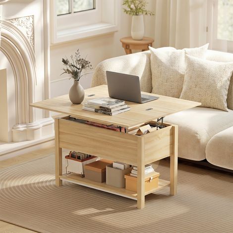 Table basse relevable et extensible table de salon avec compartiment caché étagère ouverte 100x45x50,5cm bois naturel (1/5)