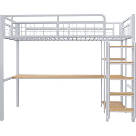 Cama alta de metal 90 x 200 cm blanca con escalera segura, escritorio y estantes HOMVRA (1/5)