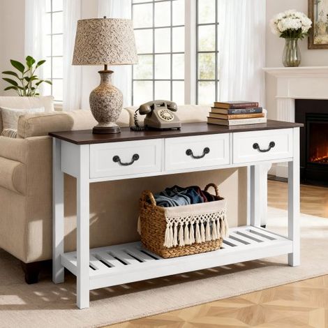 Konsolentisch Sofatisch mit Schubladen & Ablagefach, schmaler rechteckiger Eingangstisch aus MDF + Spanplatte für Flur Schlafzimmer Wohnzimmer Foyer, Flurtisch 120 x 30 x 80 cm Braun + Weiß (1/5)