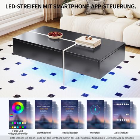 Table basse brillante à structure bicolore noir et blanc, meuble de salon, 100x50x34,5cm, avec éclairage LED pilotable par application (1/5)