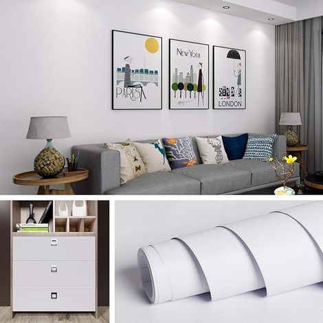 Papier Peint Adhésif Blanc Uni de 40CM5M Papier Peint Adhésif Mural Décoratif Amovible Étanche Lavable Stickers Meubles pour Cuisine Salon Salle de Bain Chambre Placard Armoire Comptoir (1/5)