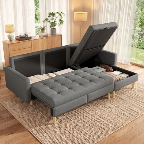 Sofá angular 3 plazas, convertible con almacenaje, de tela, gris (1/5)