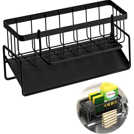 Organisateur D'évier, Porte Eponge Evier Noir avec Bac D'écoulement et Porte-Serviettes Amovible, Range Eponge Evier INOX pour Cuisine, Salle de Bain, Buanderie, Garde-Manger (1/5)