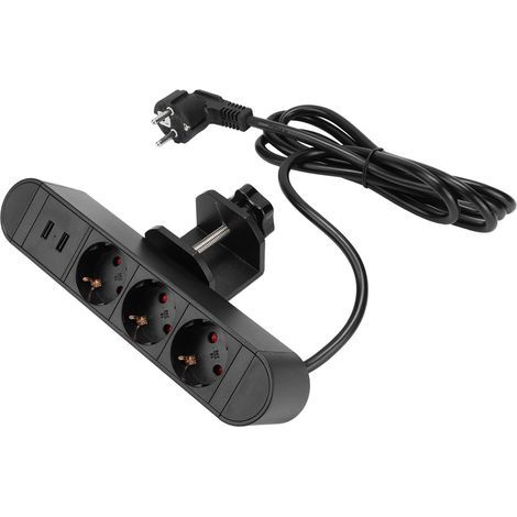 Prise de bureau escamotable - Noir - 3 prises secteur + 2 USB - Câble 1,9 m - Fixation par pince (1/5)