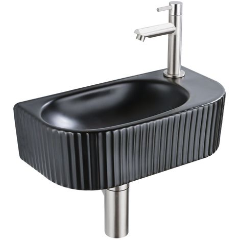 QeramiQ Fuente Ensemble de Lavabo - 40x21.5x12cm - droit - strié - demi-rond - 1 trou de robinet - céramique - ensemble de robinet en acier inoxydable