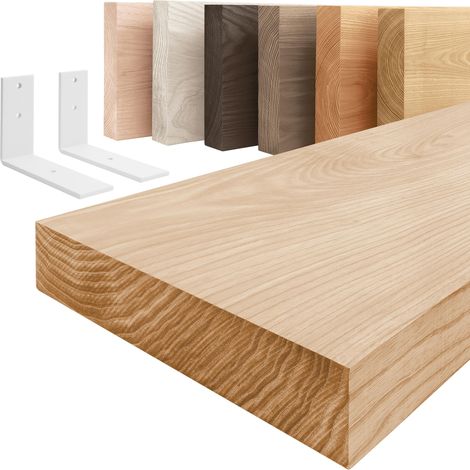 LAMO Manufaktur étagère murale en bois massif, bord régulier, étagère de rangement Basic, bois naturel / équerre blanche 40cm, LWG-01-A-002-40LW