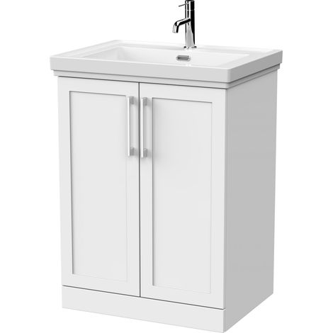 Stonnall Traditional Floor Standing 2 Door Vanity Unit with Traditional 1 Tap Hole Fireclay Basin, 600mm, Matt White (1/4)