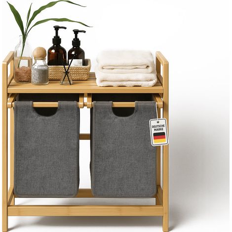 Roxlin Bambus Wäschekorb 100L mit 2 Fächern – Wäschesammler mit herausnehmbaren Stofftaschen, faltbarer Wäschekorb für Bad & Schlafzimmer - Grau (1/5)