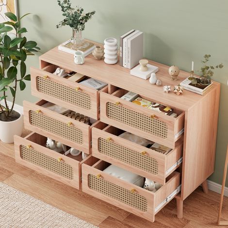 Buffet de rangement, Commode à 6 tirtors 100 x 34 x 73 cm, Meuble de Rangement, Armoire Tiroirs, Buffet pour Salon, Chambre, Salle à Manger, couleur bois naturel (1/5)