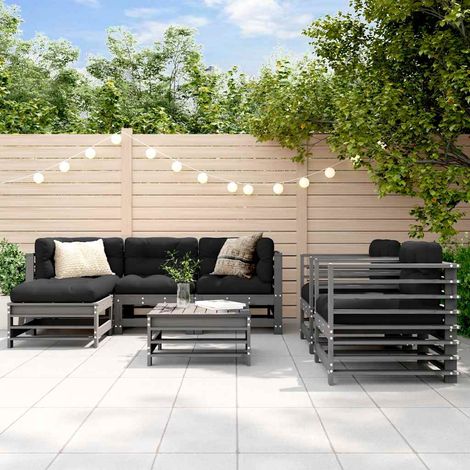 7-tlg. Garten-Lounge-Set mit Kissen Grau Massivholz (1/5)