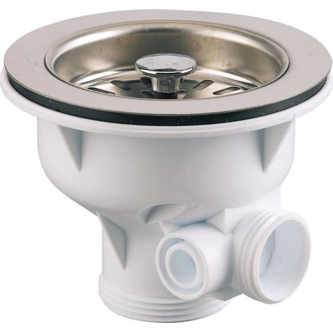 bonde plastique - evier grès - sans trop plein - diamètre 90 mm - a panier + prise male - altech 40800000034 (1/2)