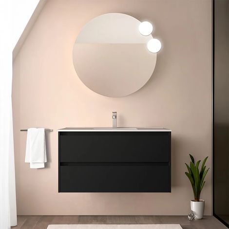 Mobile bagno sospeso 90 cm nero satinato con specchio e lavabo Gaya (1/5)