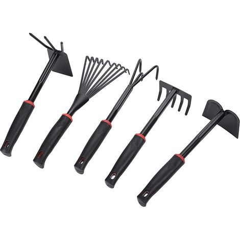 Ensemble d'outils de jardinage : 1 houe plate + 1 râteau à 5 dents + 1 cultivateur à 3 dents + 1 râteau à 9 dents + 1 houe multifonction