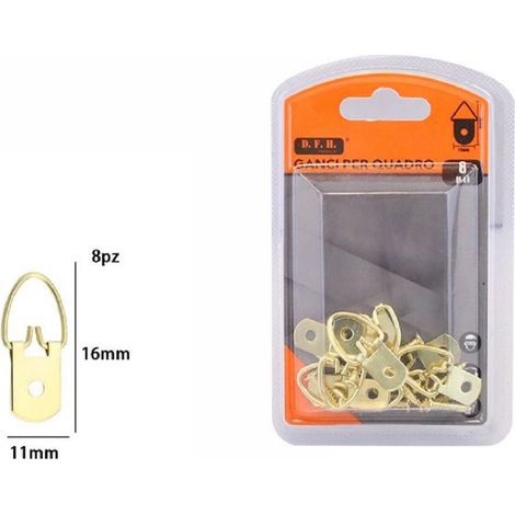 TrAdE Shop Traesio - Set 8 Pz Ganci Gancetti Dorati Per Quadri Cornici Appendere Parete 11x16mm 07997 -
