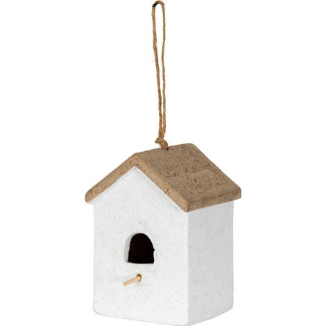 Hanging Bird House Ornament - Ceramic - L14 x W14 x H20 cm - Brown/White