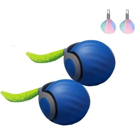 Katzenspielzeug – 2 blaue Katzenbälle – Rollbälle – Interaktiver Katzenball – Intelligenter Katzenball / Zwei Geschwindigkeiten / Mit Schwanz / Mit Plüschschwanz