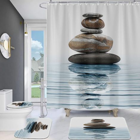 Shower curtain 180 x 180 cm bathroom Zen Stones patterns anti-mold, blue