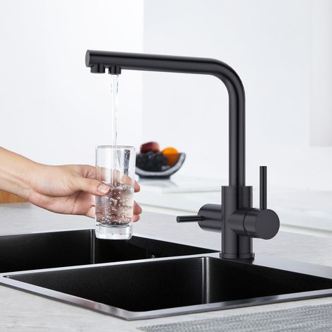 Robinet de Cuisine 3 voies, Robinet d'évier rotatif à 360 °, Mitigeur 3 Voies Cuisine Avec 2 Leviers, 3 en 1 Robinet Évier De Cuisine Avec Sortie Eau Filtrée, Noir Mat (1/5)