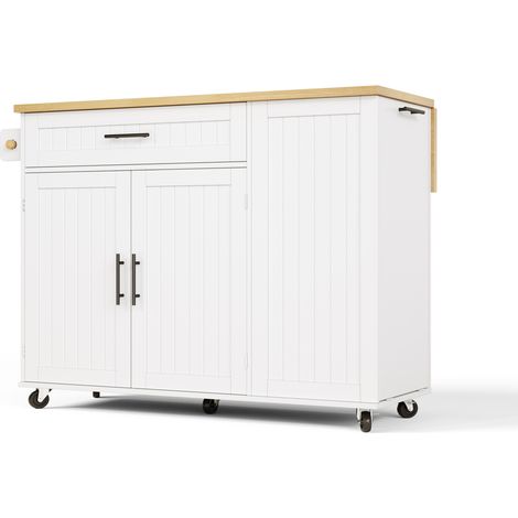 Îlot de cuisine mobile avec plan de travail rabattable, rangement et poubelle cachée, roulettes verrouillables, 130 × 70 × 93 cm (1/5)