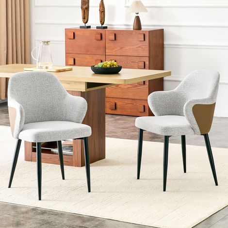 Set di 2 sedie da pranzo in tessuto grigio chiaro e marrone con gambe in metallo nero, schienale avvolgente (1/5)