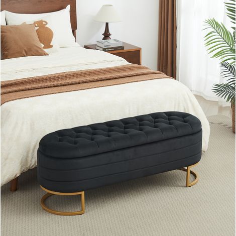 MODFU – Banc coffre capitonné velours – Rangement ventilé et capitonnage clouté – Charge 150 kg, pieds métal doré antidérapants – Chambre, salon ou entrée – Noir (1/5)