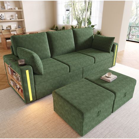 Sofa modular en U/L 190/130/85 cm verde de pana con LED, 2 pufs con almacenaje, USB/Type-C (1/5)