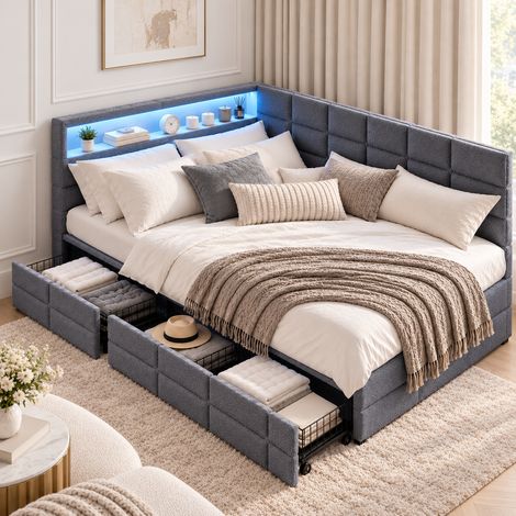 Lit simple 90 x 200 cm avec Sommier - Lit coffre avec 2 tiroirs pour adulte - Ports USB et Type-C - Bande lumineuse LED - Lin gris - Salon/chambre (1/5)