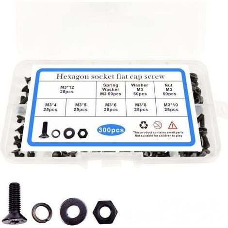 300pcs tête fraisée noire m3 boulon écrou, plat pad Spring box set, tête plate vis hexagonale intérieure,de (1/4)