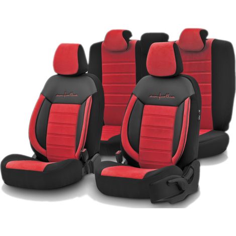 Luxus-Sitzbezug-Set OTOM – Textil mit Kunstleder, COMFORT LINE-Design – Rot-Schwarz mit roter Naht, für vordere und hintere Sitz