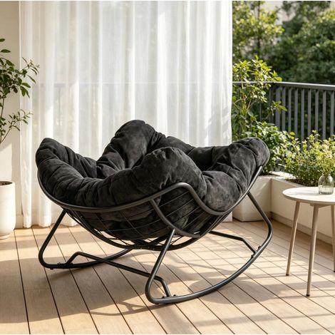 Poltrona a dondolo singola in ciniglia e metallo, nera, 91 x 102,5 x 77 cm DESVIAE (1/5)