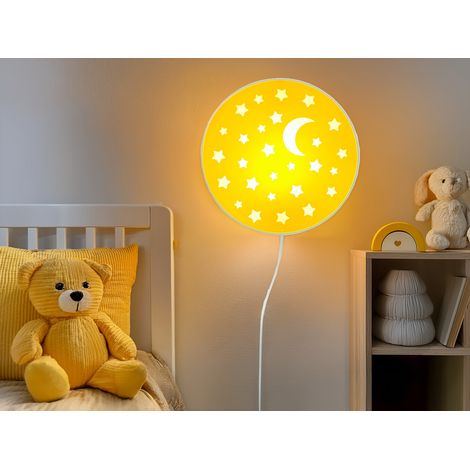 Kinderzimmer Wandlampe Mond & Sterne Gelb, Schalter & Stecker, Ø25cm (1/5)